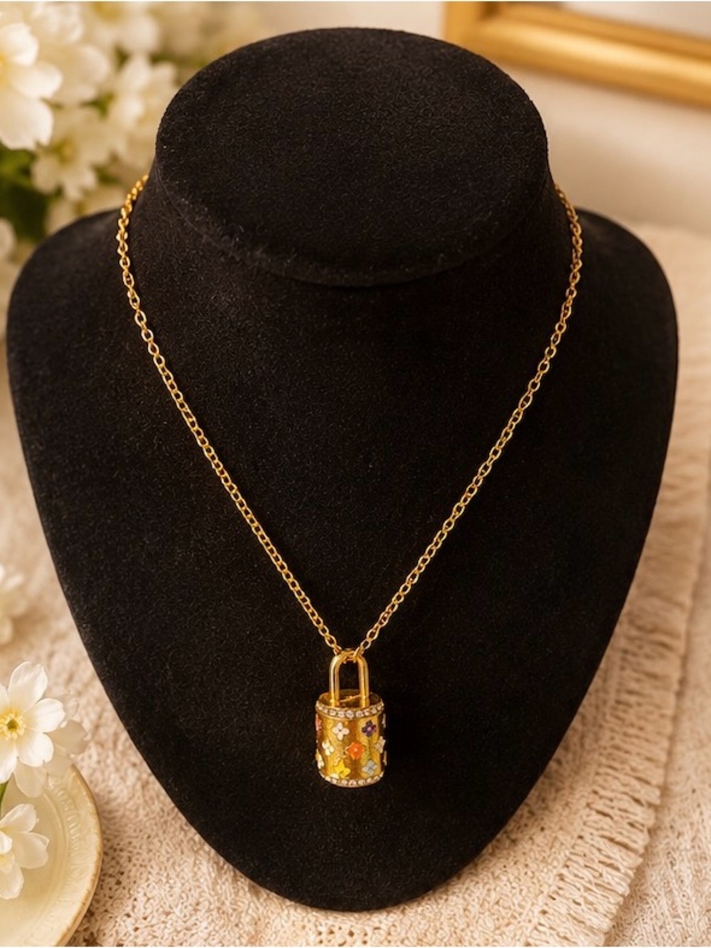 Gold Floral Padlock Pendant Necklace - with LV flair